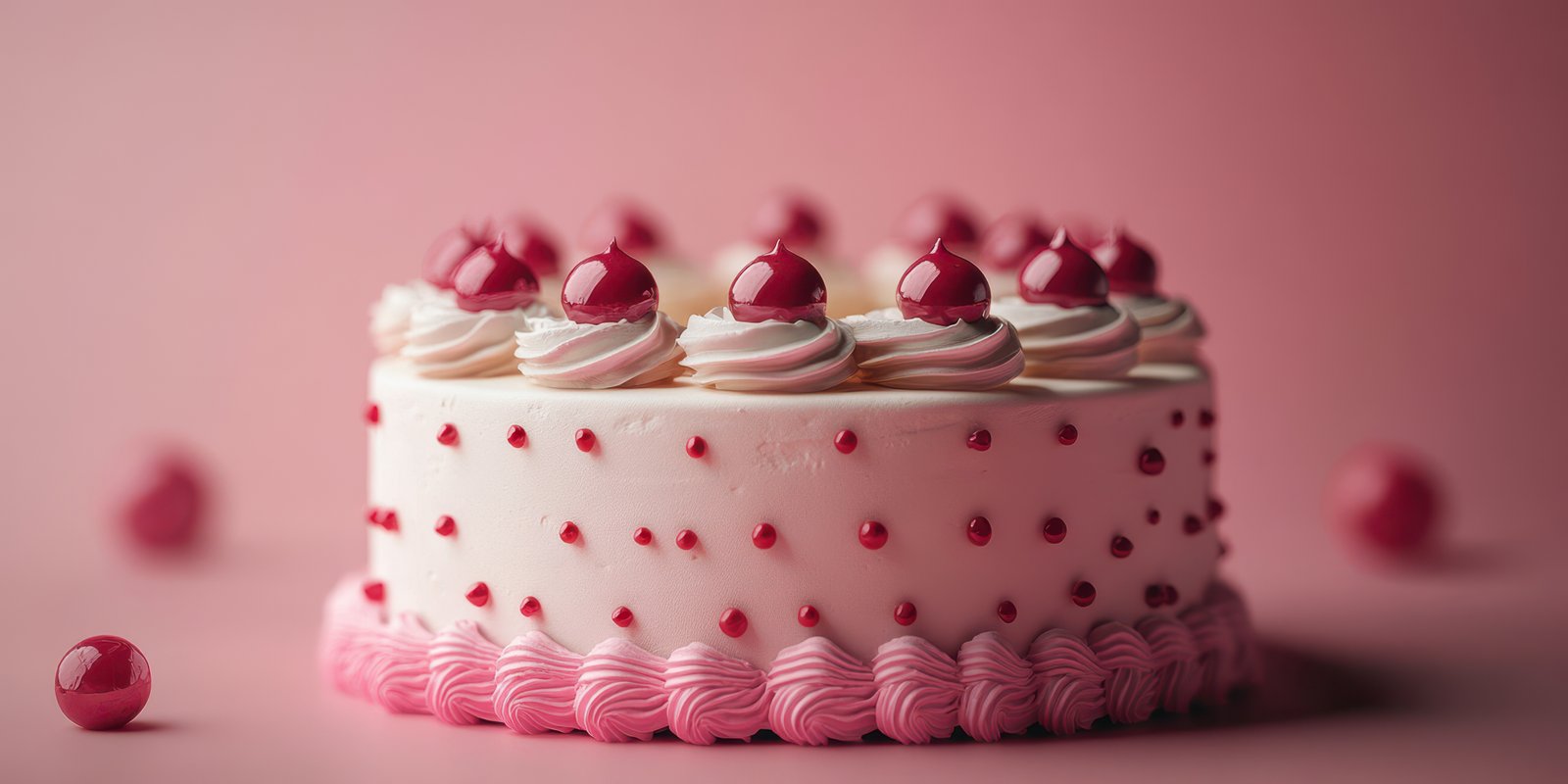 Delicious pink cream cake decorated with cherries and edible beads on a soft pink background